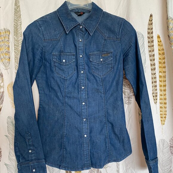 G by Guess Women's Denim Western Style Pearl Snap Shirt SM - Picture 1 of 4